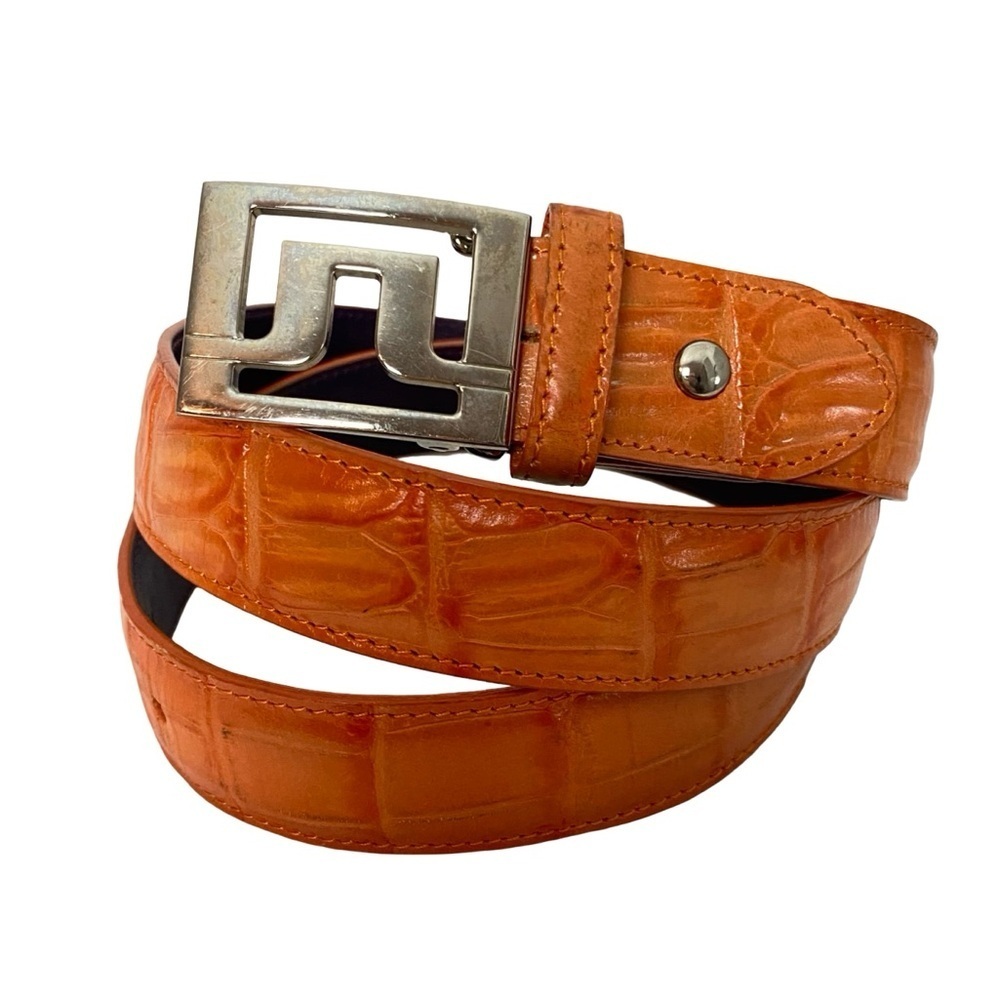 J Lindeberg Leather Belt Mens Size 29 - 31 Silver Logo Buckle Removable Orange